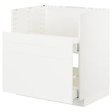 White METOD kitchen cabinet, sleek modern design with smooth surfaces and shallow drawer, part of a modular system.