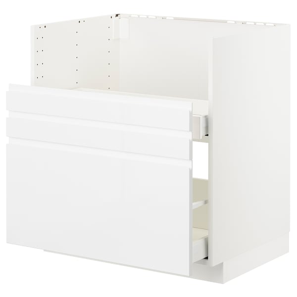 White modern kitchen cabinet, flat panel design, built-in oven/sink, high gloss finish.