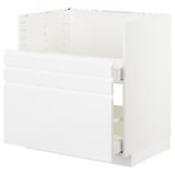 White modern kitchen cabinet, flat panel design, built-in oven/sink, high gloss finish.