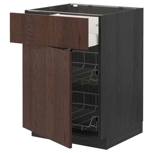 An open dark brown METOD kitchen cabinet with wooden edges and wire shelves.