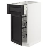 White METOD kitchen cabinet, black stained lerhyttan drawer, wire racks.