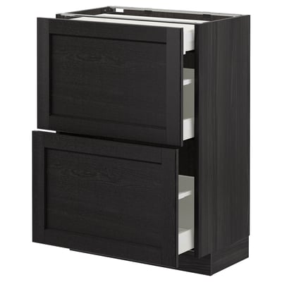 Black kitchen unit with bevelled drawers and cabinet.