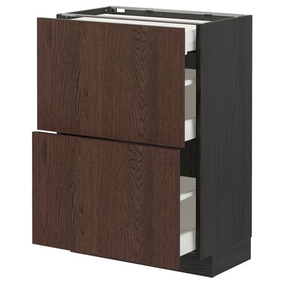 Dark brown METOD kitchen cabinet with pull-out drawers, featuring solid wood edges and oak veneer, tall and rectangular.