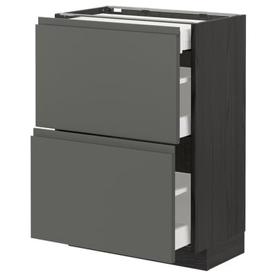 A modern dark grey kitchen cabinet with multiple drawers. It has a sleek, rectangular design and uses a mix of steel and particleboard materials.