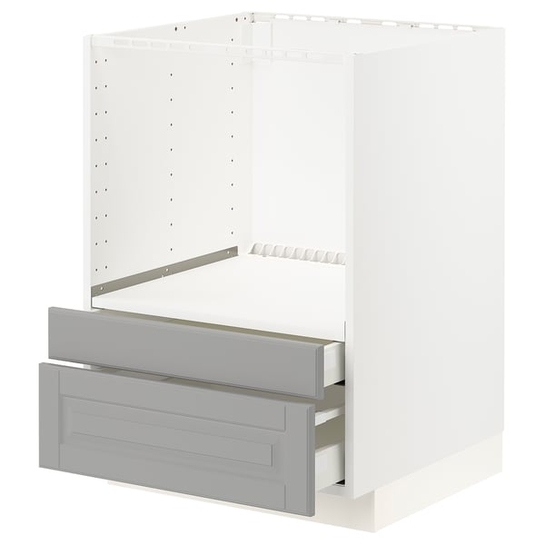 METOD kitchen unit in grey with multiple drawers and shelves, white frame.