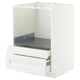 A white METOD kitchen cabinet with wooden grain texture, including multiple drawers and a metal shelf.