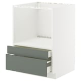 IKEA METOD kitchen unit with grey-green drawers, white shelves.