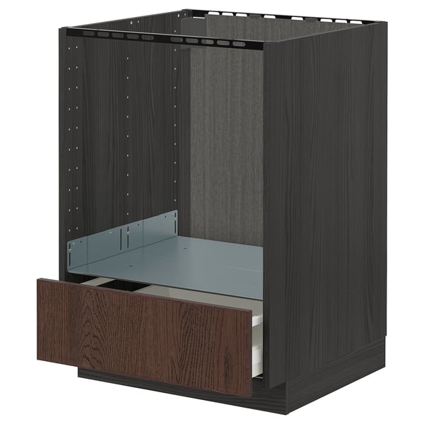 Dark wood kitchen cabinet, METOD, square, with single open drawer, sturdy, wooden handle.