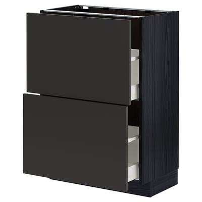 Black METOD kitchen cabinet with two open drawers, sleek modern design.