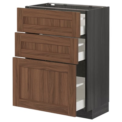 Walnut-colored wooden kitchen cabinet with three drawers and one door. Dark gray sides, sleek handles, and modern design.