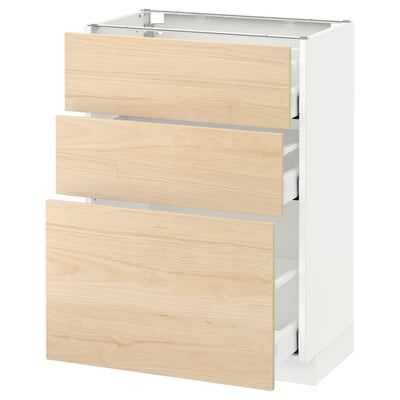 A white METOD kitchen cabinet with three light ash wood drawers.
