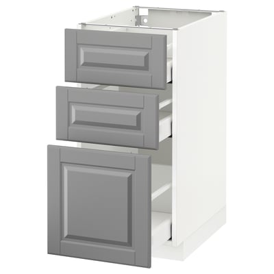 METOD kitchen unit with grey bevelled drawers and doors, white frame.