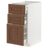 METOD kitchen cabinet in white with three walnut drawers, sleek and modern design.
