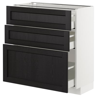 An ikea METOD kitchen unit with dark stained wood drawer fronts, three drawers, and a sleek modern design.