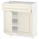 METOD kitchen cabinet, off-white with bevelled edges, traditional design, wooden material, rectangular shape, two open doors exposing shelves.