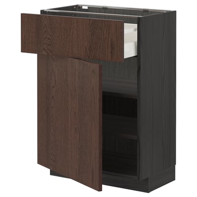 Dark brown METOD kitchen unit, wooden fronts, adjustable shelves, single drawer.