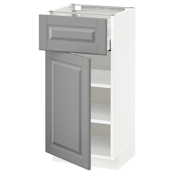 White and grey METOD kitchen cabinet with drawer, beveled edges, smooth finish.