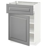 White METOD cabinet with gray bodbyn drawers and door, beveled edges.