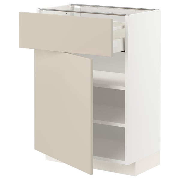 Modern kitchen cabinet with beige doors and drawers, featuring adjustable shelves and smooth-running drawers.