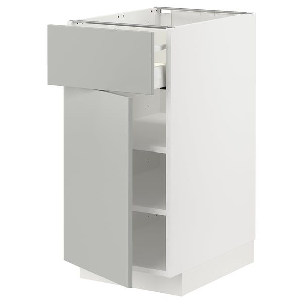 Modern light grey kitchen cabinet from METOD; sleek, rectangular, minimalist design with one open shelf.