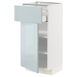 White kitchen cabinet with blue-grey glossy doors, adjustable shelves, and metallic handles.