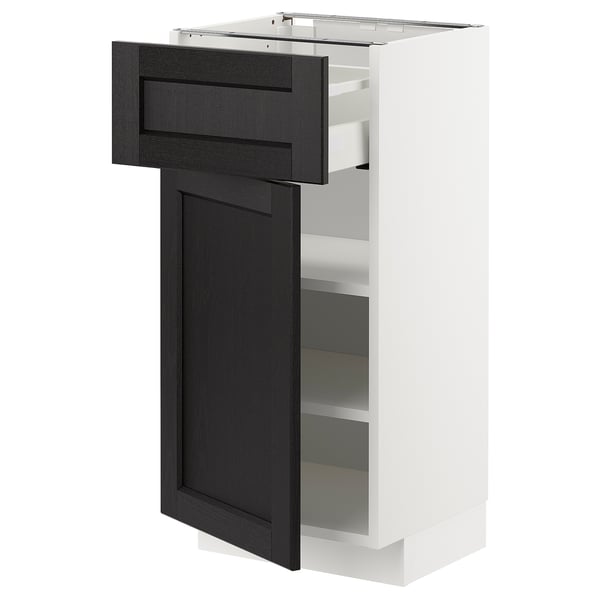 METOD kitchen cabinet with dark stained wood drawers and shelves, modern design.