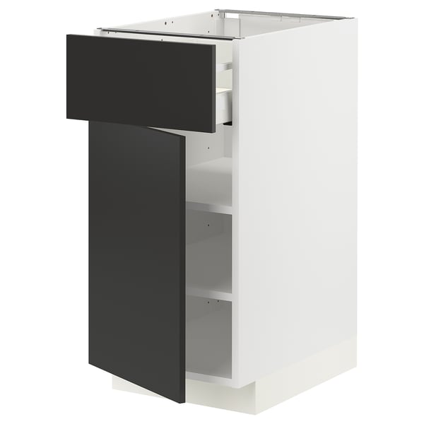 Modern white and black kitchen cabinet with adjustable shelves and soft-closing drawers.