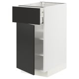Modern white and black kitchen cabinet with adjustable shelves and soft-closing drawers.