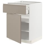 Modern kitchen cabinet in grey-beige with smooth drawer, open shelf, and sleek design.