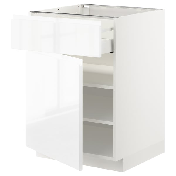METOD kitchen unit, white, high gloss, open drawer & shelf.