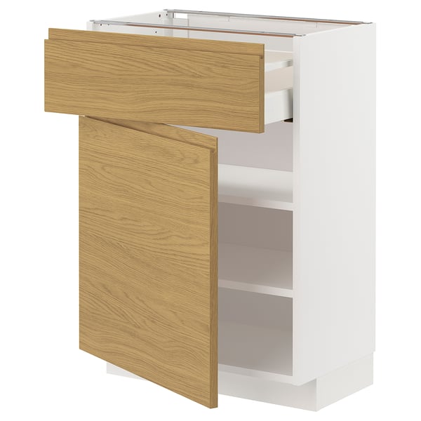 A kitchen cabinet named METOD with a white and oak finish, featuring a drawer and shelves, minimalist design.