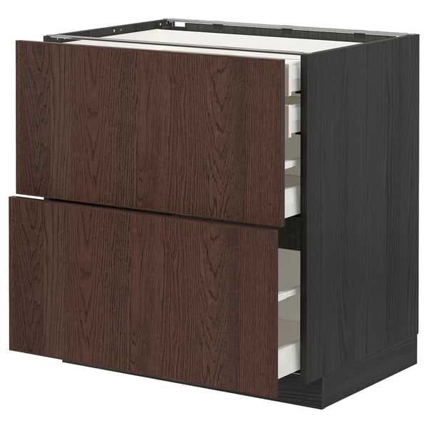 Dark brown wooden kitchen cabinet with three drawers, smooth edges, metallic runners.