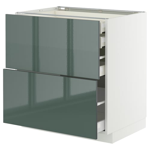 Modern kitchen cabinet in grey-green with multiple drawers, sleek handles, and a glossy finish.