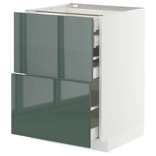 Modern kitchen cabinet with glossy grey-green doors featuring multiple drawers for organized storage.