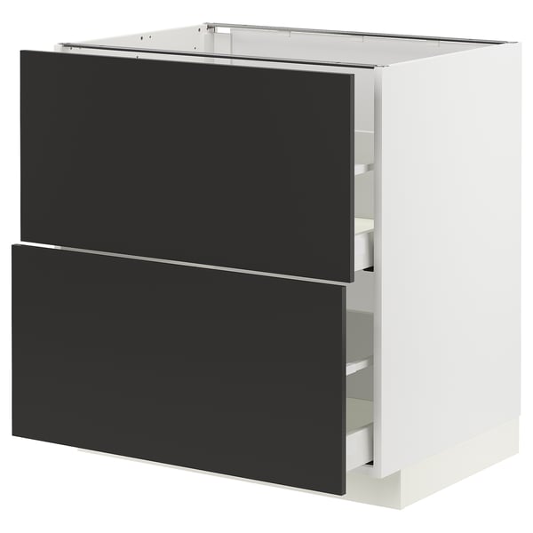 Modern kitchen cabinet in white and black. Two drawers with smooth-close mechanism. Minimalist design, made of particleboard and plastic.