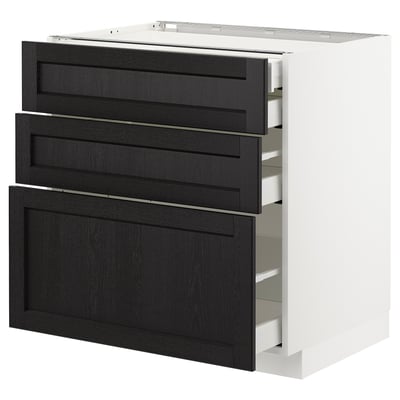 A METOD kitchen cabinet with three black stained wood drawers and a white base. It a traditional, warm design with bevelled edges on the drawers.