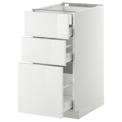 METOD white high gloss kitchen cabinet with 3 drawers, modern design, clean look.