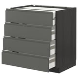 Modern dark grey kitchen cabinet with four drawers. Sleek, square design with integrated handles.