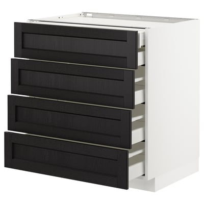 Modern kitchen unit with four black drawer fronts, dark wood texture, sleek design, white base, and metallic handles.