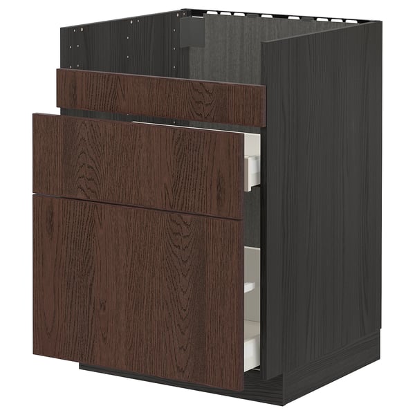 Modern dark wood kitchen cabinet with drawers, sleek & organized design.