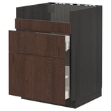 Modern dark wood kitchen cabinet with drawers, sleek & organized design.