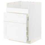 A white METOD kitchen cabinet with drawers, displaying a classic design with subtle wood grain texture.