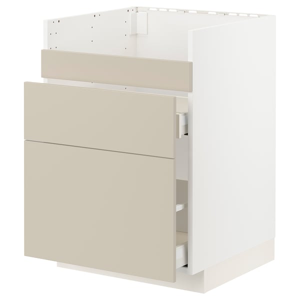 Beige METOD kitchen units by ikea, three drawers, white frame, smooth fronts.