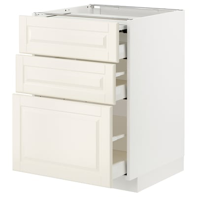 Ikea METOD off-white kitchen cabinet with beveled drawers, fully accessible pull-outs, sleek and modern.