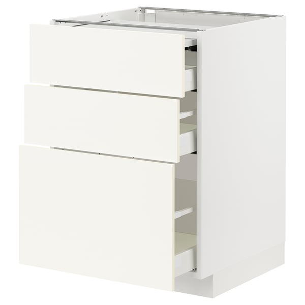 METOD white kitchen cabinet with multiple drawers.