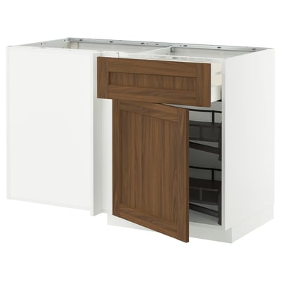 METOD kitchen unit with walnut-look front, wooden doors, and pull-out shelf; white base.