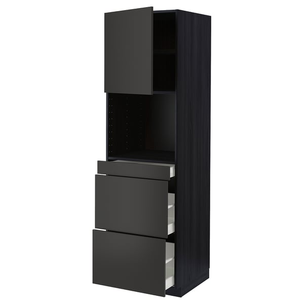 A tall black ikea METOD kitchen unit with drawers and open shelves.
