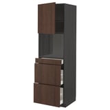 Dark brown METOD kitchen unit with three wooden drawers and one cabinet.