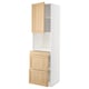 A white METOD kitchen cabinet with oak veneer doors, some open, revealing shelves and drawers.