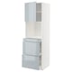 Modern white kitchen unit with high-gloss blue-gray drawers and doors.